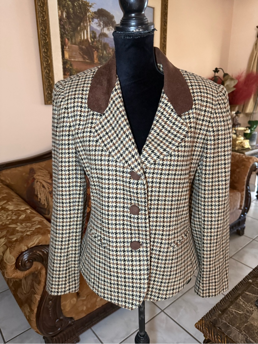Vintage Cross Country Fashions Houndstooth Blazer with Contrast Collar
